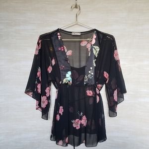 Black floral kimono sleeve boho sheer blouse